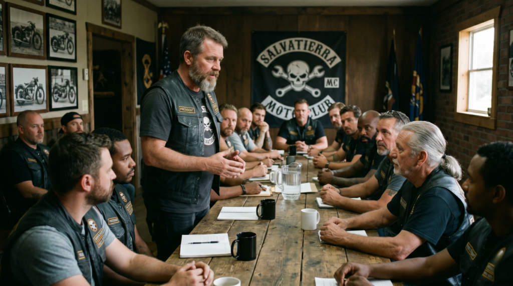 Liderazgo en clubes biker que duran años, presidente dirigiendo reunión con miembros