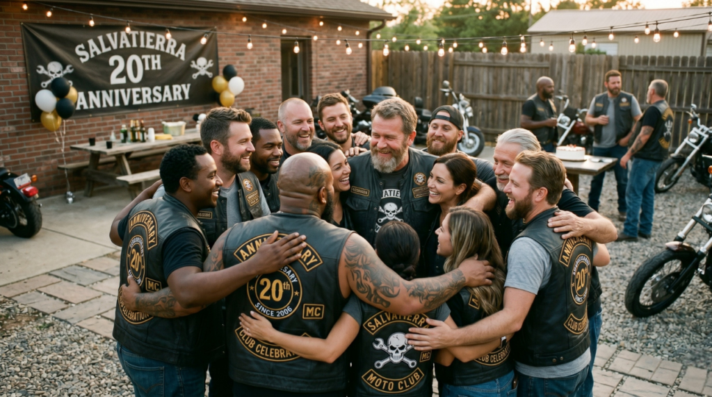 Valores en clubes biker que duran años, miembros celebrando hermandad y lealtad