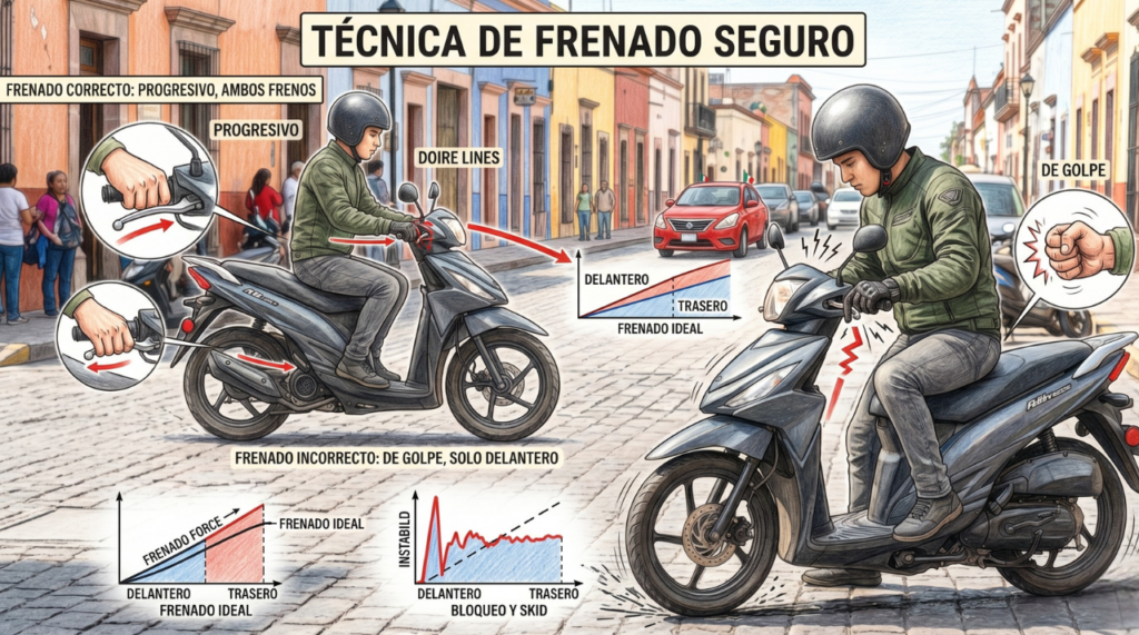 "Novatos en moto aprendiendo frenado correcto para evitar accidentes"