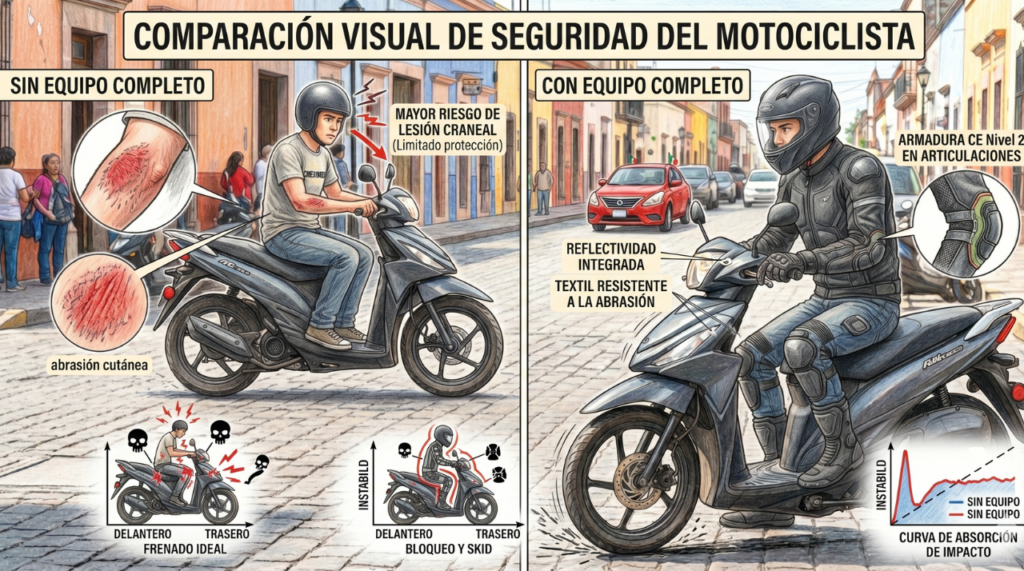"Novatos en moto con equipo de protección completo para evitar lesiones graves"