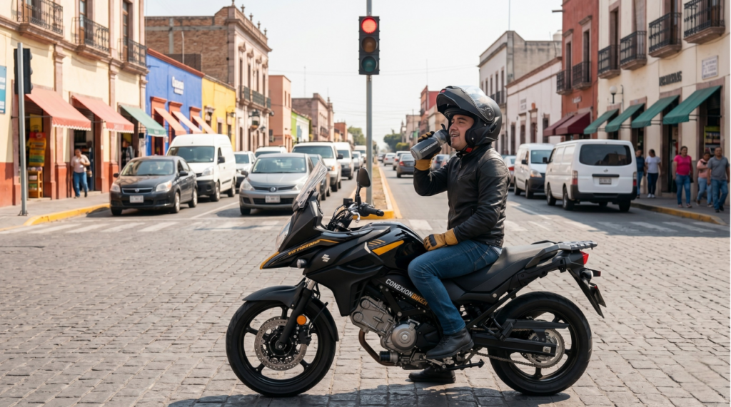 "Casco para ciudad abatible, motociclista urbano en semáforo con mentonera levantada"