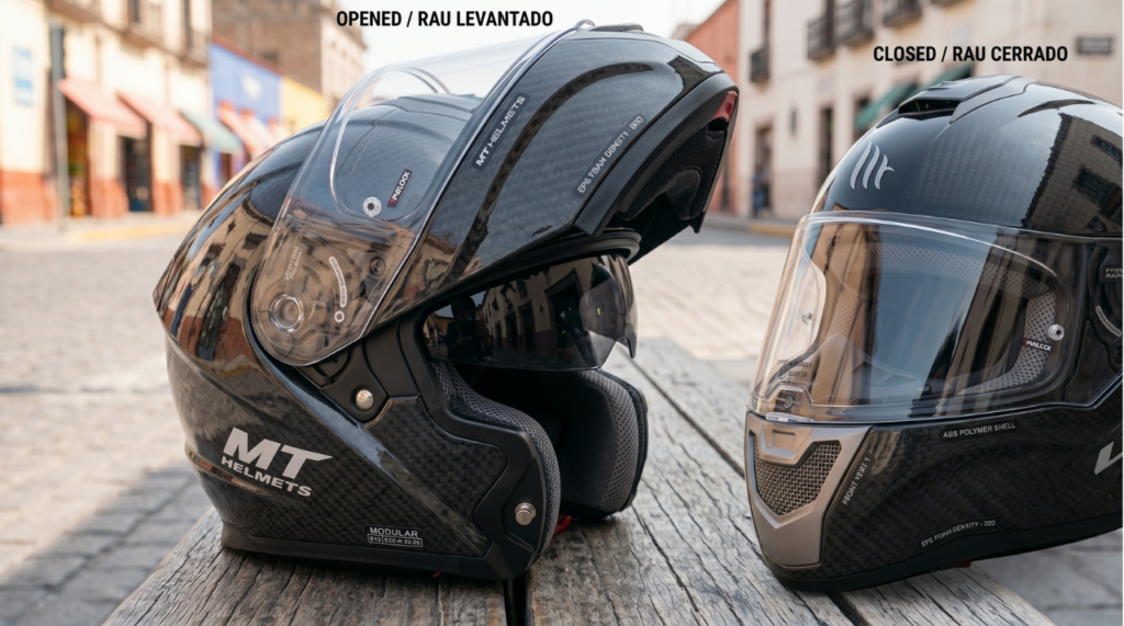 "Casco abatible para ciudad versátil, mentonera levantada para comodidad urbana"