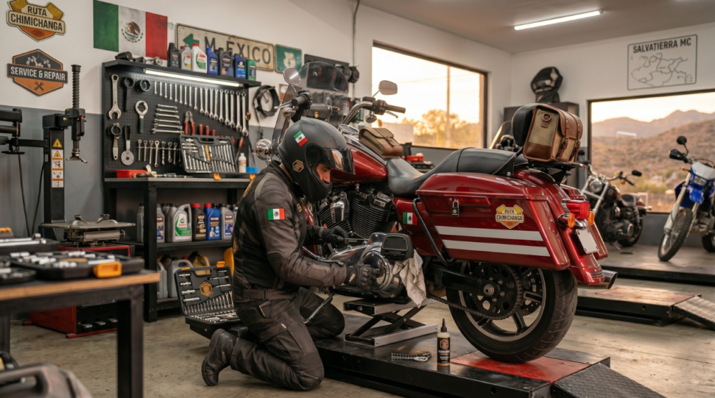 preparación biker revisando moto antes de una rodada larga